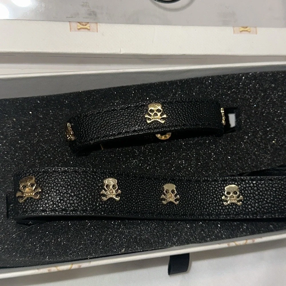 Erimish Dawg Marty Black Leather Skull Bracelet and Dog Collar Set Gold Hardware